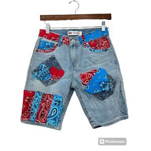 Upcycled Patchwork Denim Shorts Jorts OOAK Levis 502 Youth Sz 14 28W Boho Hippie